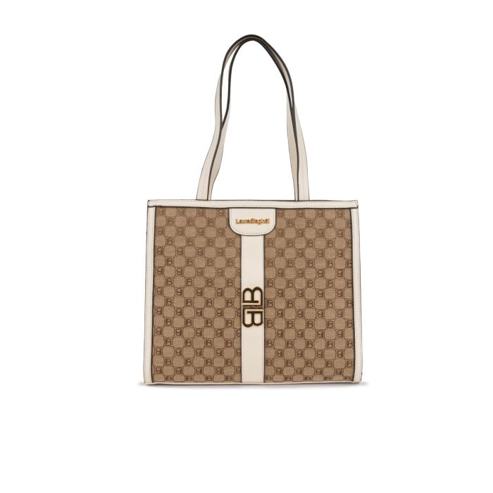 Tote bag beige da donna con fantasia multi-logo