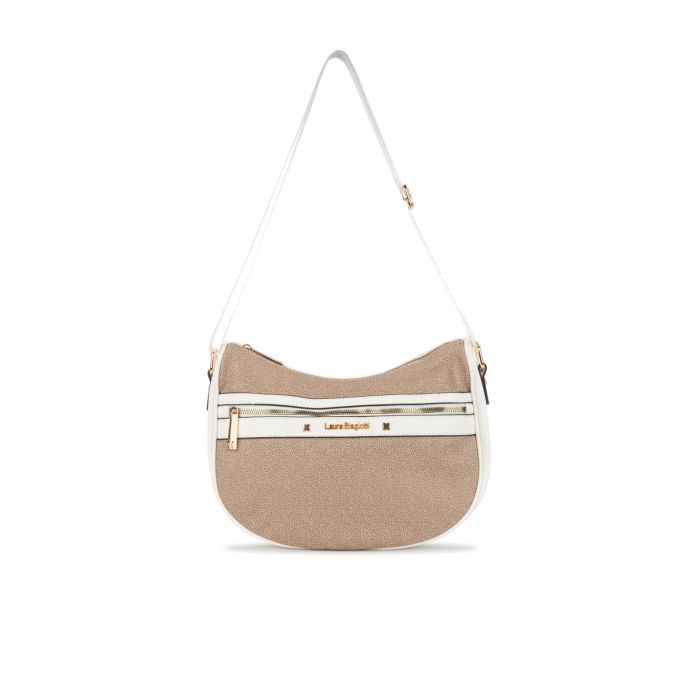 Moon bag beige e bianca da donna con tracolla regolabile e zip