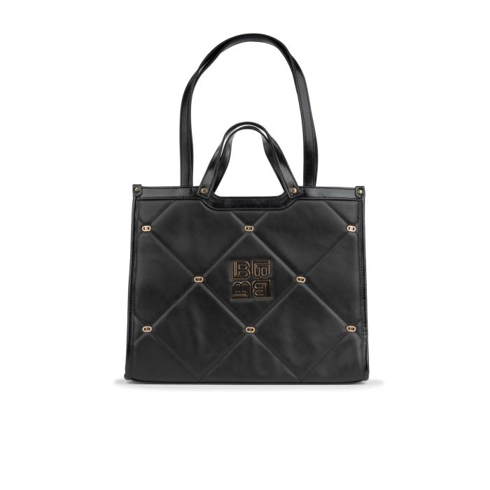 Tote bag nera da donna effetto trapuntato con logo e doppio manico