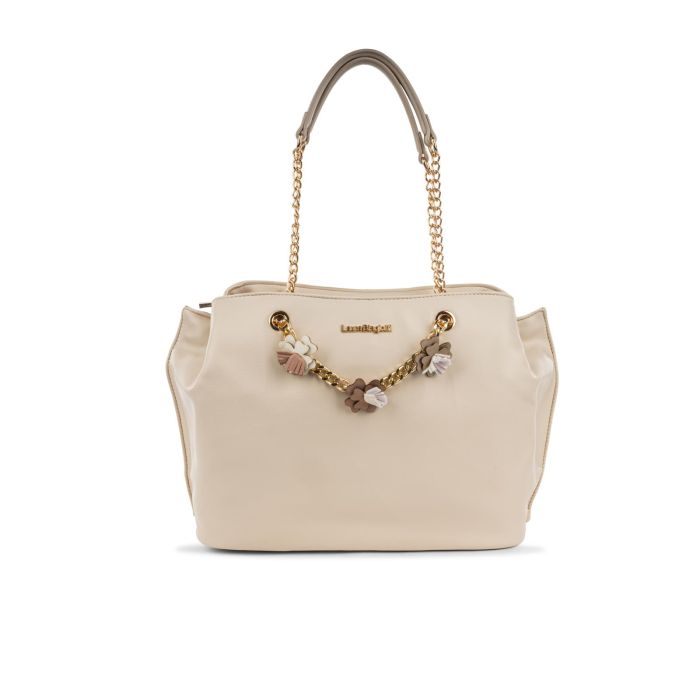 Borsa beige da donna con manici dettaglio catena e fiori applicati