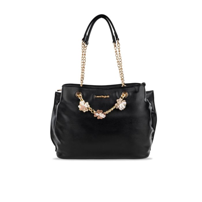 Borsa nera da donna con manici dettaglio catena e fiori applicati