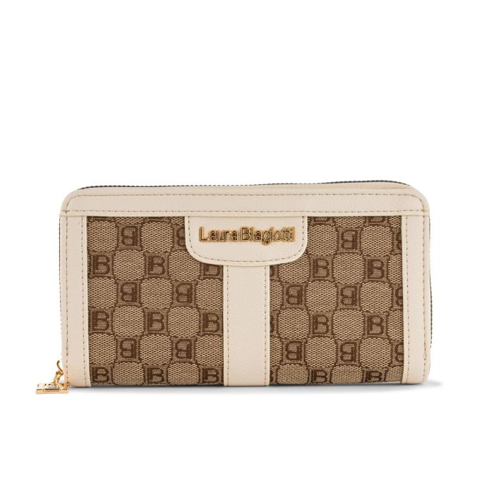 Portafoglio orizzontale bianco da donna con inserto in tessuto multi-logo