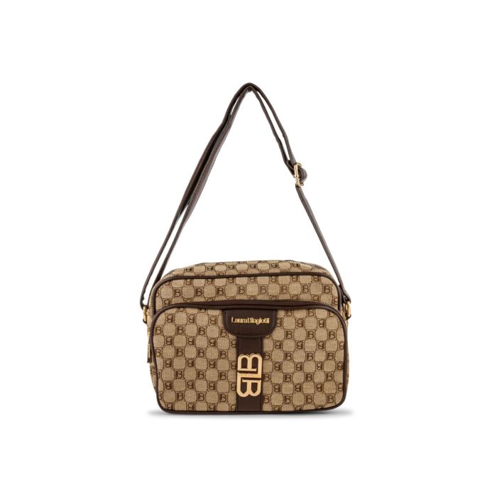 Borsa a tracolla beige da donna in fantasia multilogo