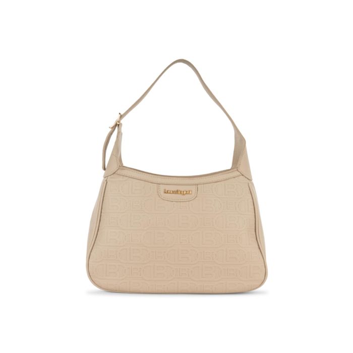 Borsa a spalla beige da donna in pelle con stampa multilogo