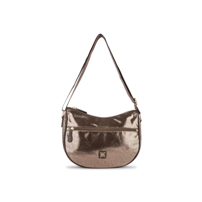 Moon bag marrone lucida a tracolla da donna con tasca frontale con zip