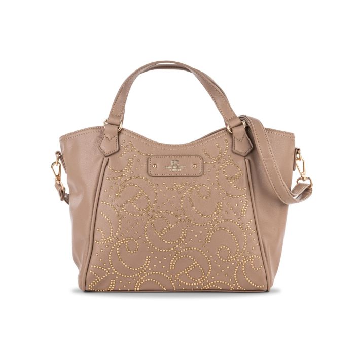 Borsa a mano beige da donna in pelle con dettaglio logo borchiato