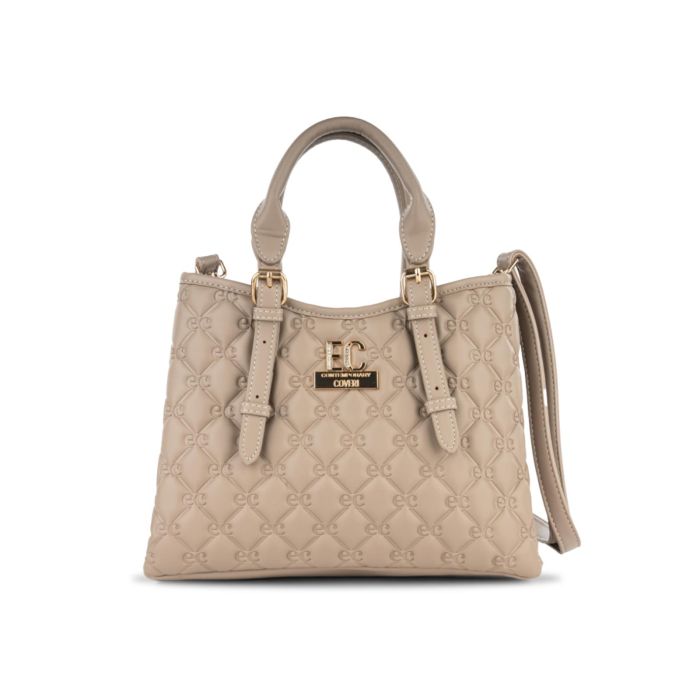 Borsa beige da donna in pelle effetto trapuntato con loghi
