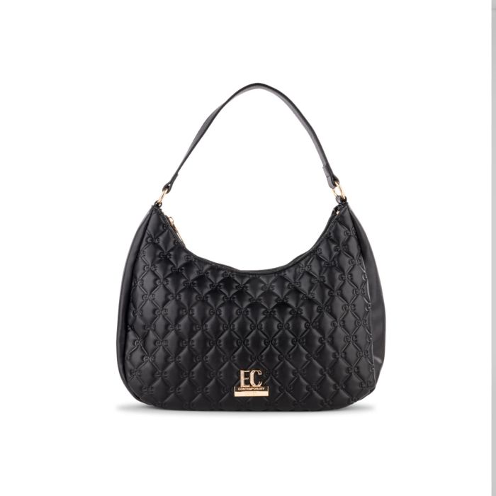 Moon bag nera da donna in pelle effetto trapuntato con loghi