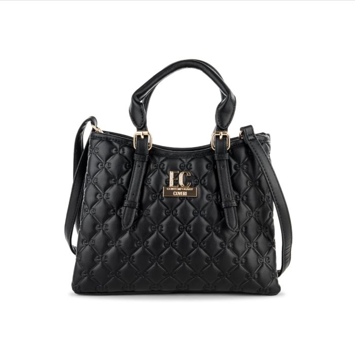 Borsa nera da donna in pelle effetto trapuntato con loghi