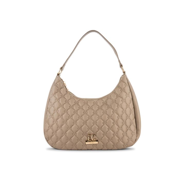 Moon bag beige da donna in pelle effetto trapuntato con loghi