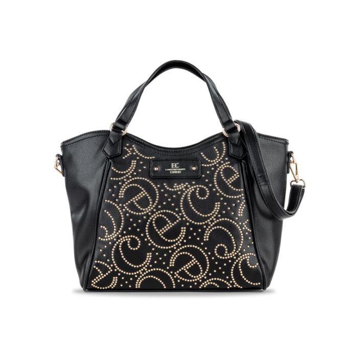 Borsa a mano nera da donna in pelle con dettaglio logo borchiato