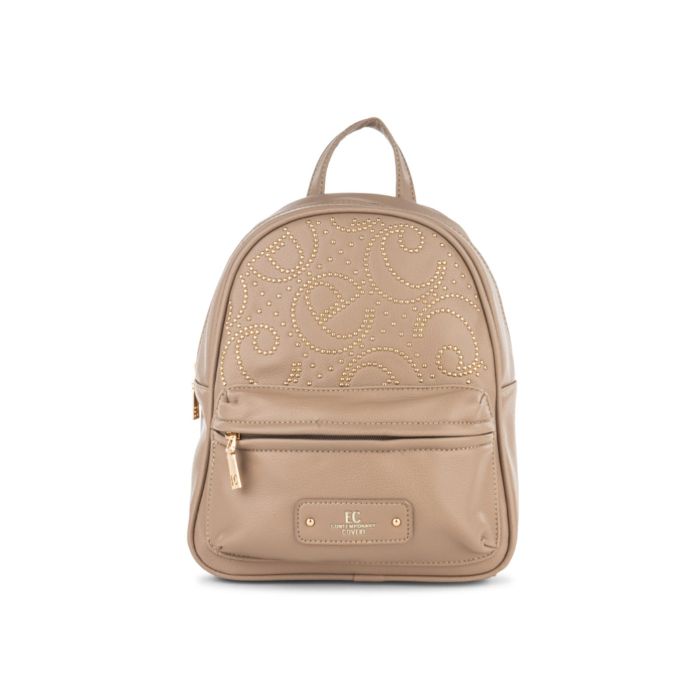 Zainetto beige da donna in pelle con dettaglio logo borchiato