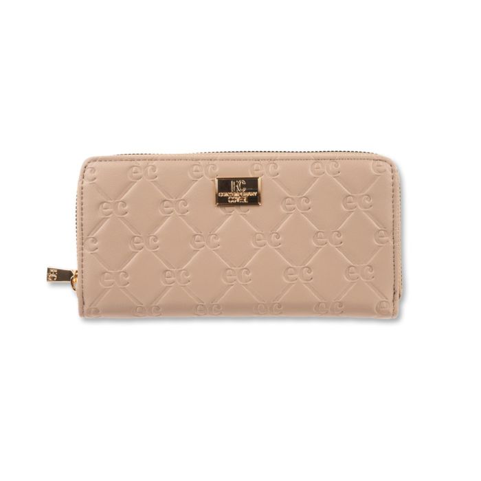 Portafoglio rosa orizzontale da donna con stampa multilogo