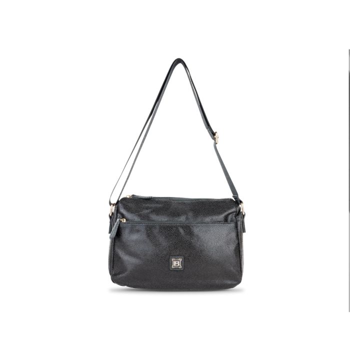 Borsa nera lucida a tracolla da donna con tasca frontale con zip