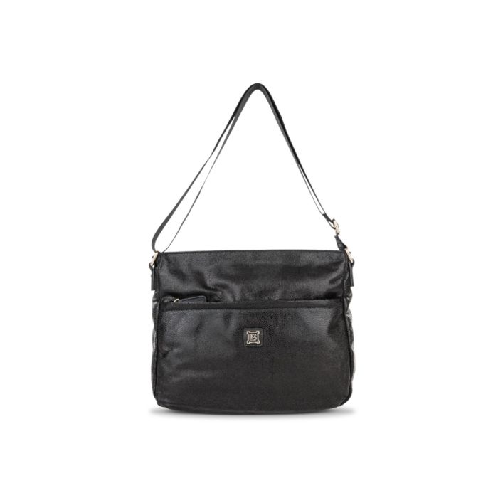 Borsa nera a tracolla da donna con tasca frontale con zip