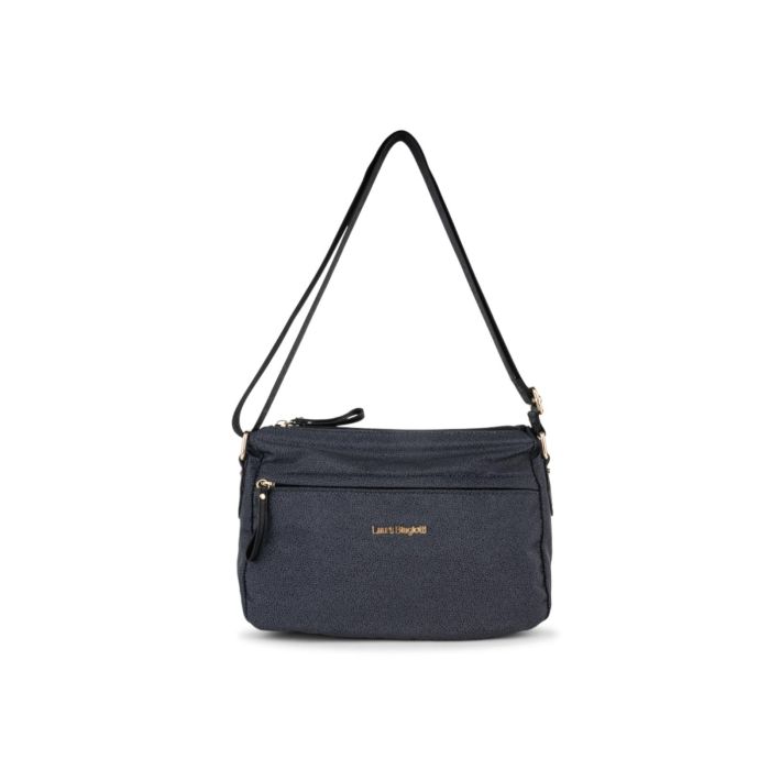 Borsa blu da donna con tracolla in tessuto e tasca frontale con zip