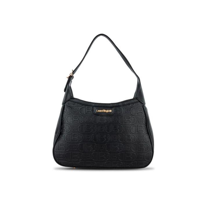 Borsa a spalla nera da donna in pelle con stampa multilogo