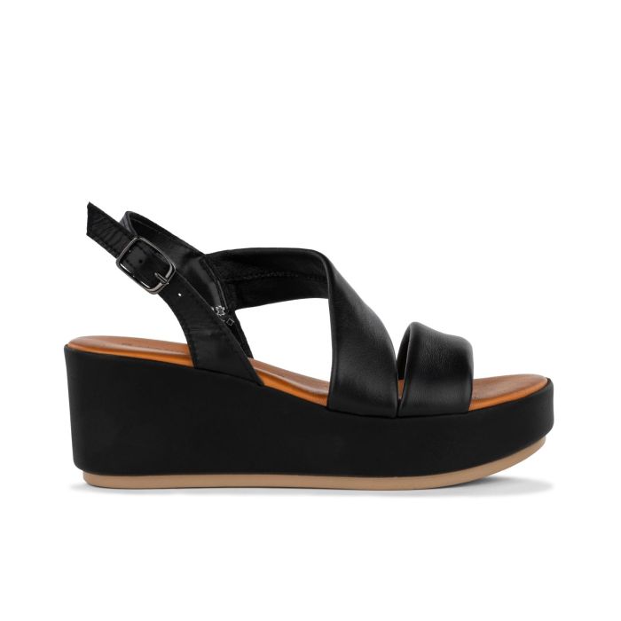 Sandali neri in pelle con zeppa da donna