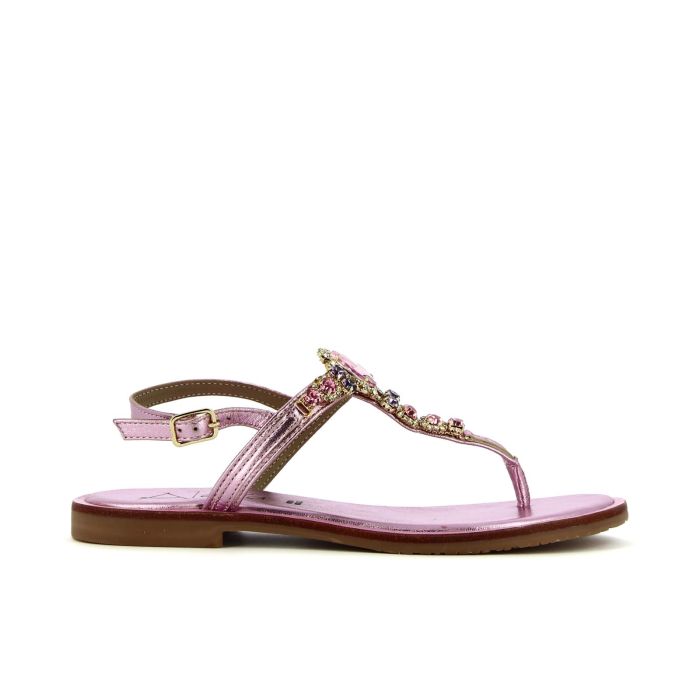 Sandali bassi rosa modello infradito effetto laminato con pietre gioiello