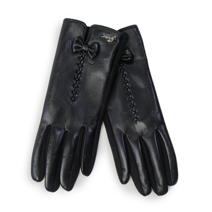 Guanti neri da donna in simil pelle con fiocco