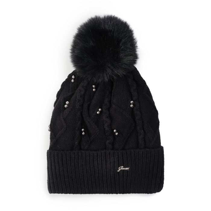 Berretto nero da donna con perle e pon pon