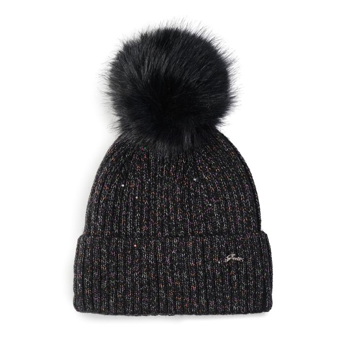 Berretto nero da donna con pon pon e glitter