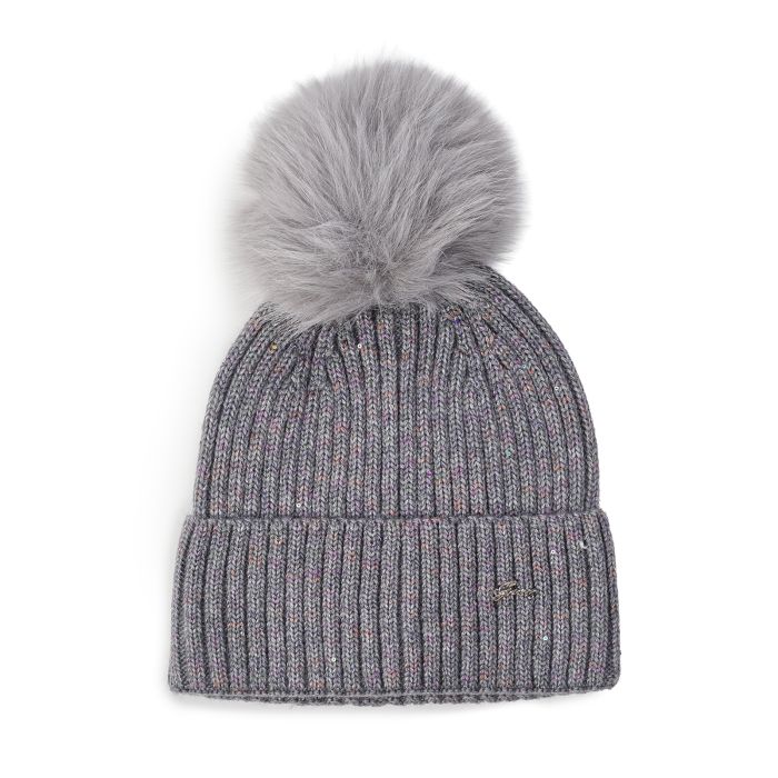 Berretto grigio da donna con pon pon e glitter