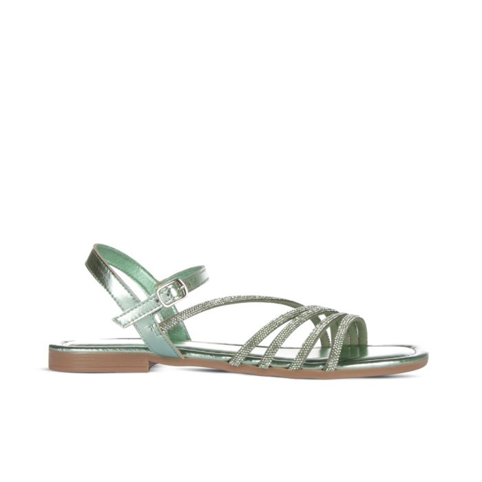 Sandali bassi verdi effetto laminato con strass