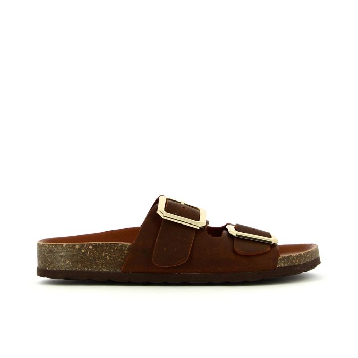 Sandali marroni in pelle con fondo effetto sughero e doppia fibbia