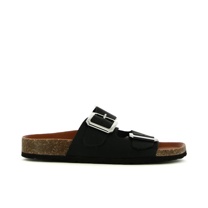 Sandali neri in pelle con fondo effetto sughero e doppia fibbia