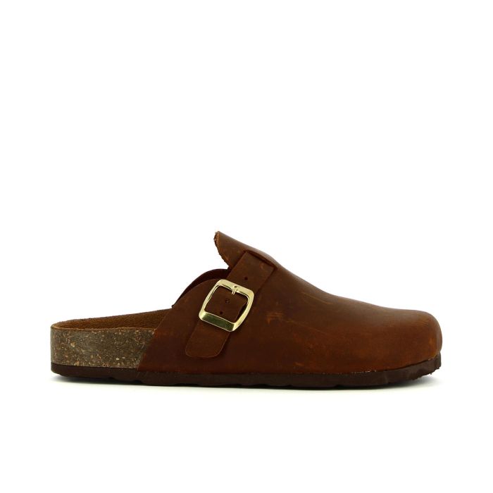 Sandali chiusi marroni in pelle con fondo effetto sughero e fibbia