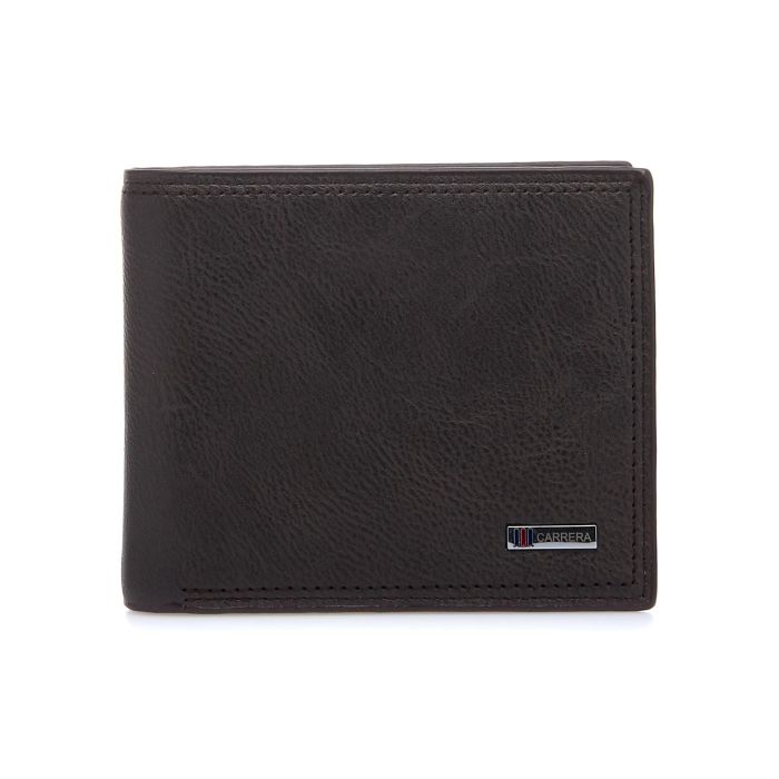 Portafoglio marrone con cuciture e targhetta esterna con logo