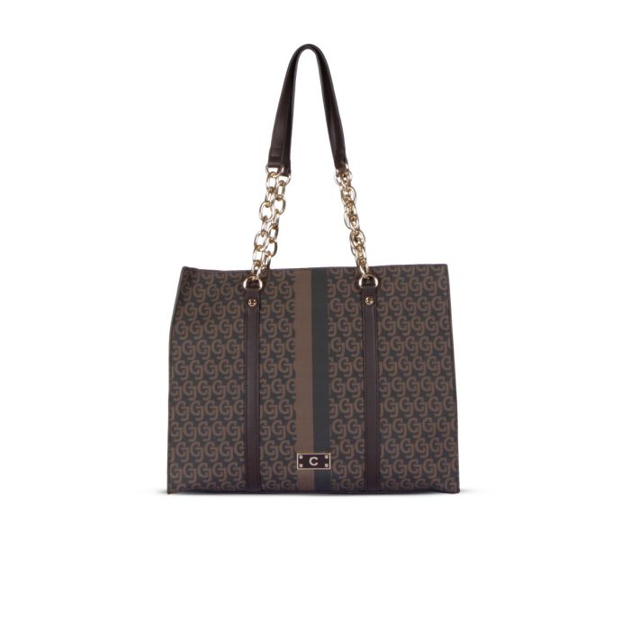 Shopper marrone con stampa multilogo