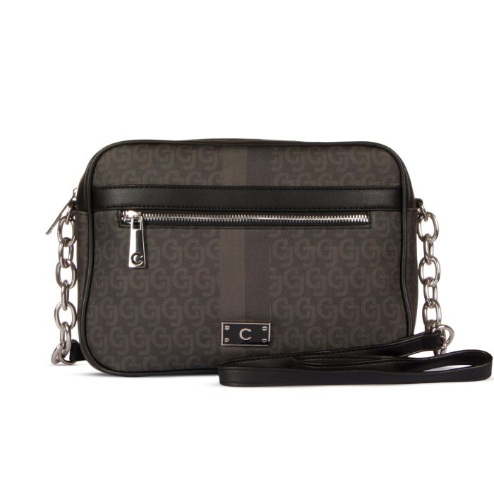 Borsa nera con stampa multilogo e tracolla