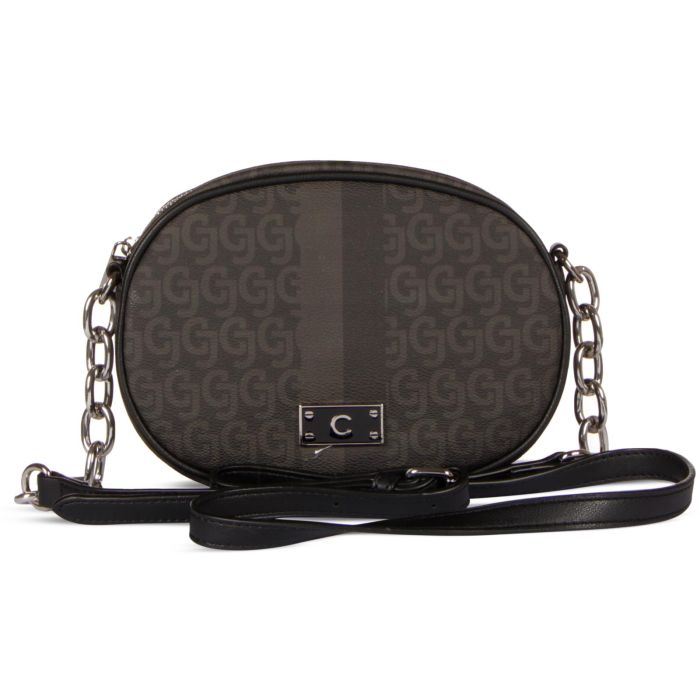 Borsa nera tonda con stampa multilogo e tracolla