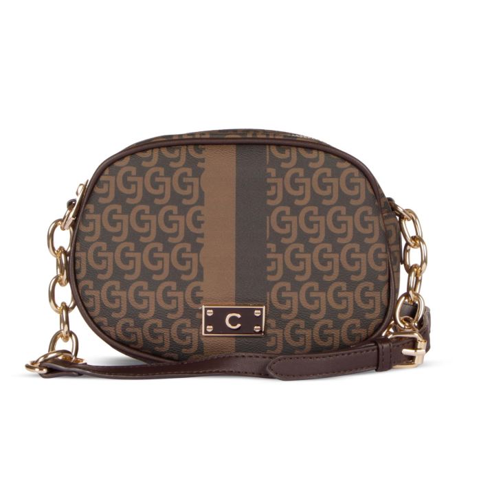 Borsa marrone tonda con stampa multilogo e tracolla