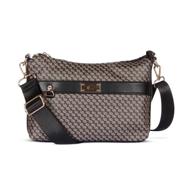 Borsa nera stampa multilogo con tracolla in tessuto