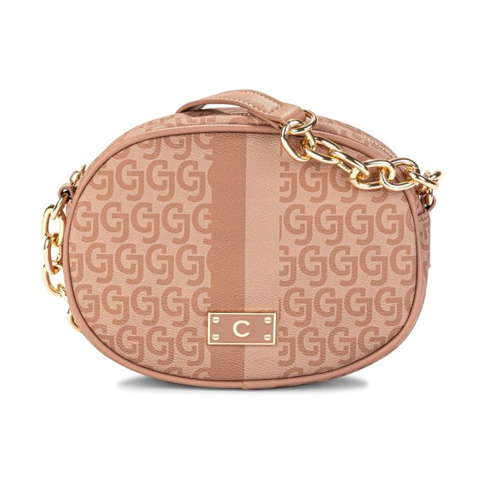 Borsa tonda rosa da donna con tracolla con inserto in catena