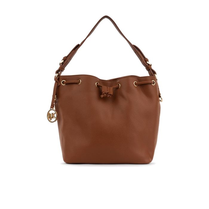 Borsa marrone a spalla da donna con coulisse e ciondolo