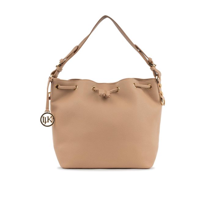 Borsa rosa a spalla da donna con coulisse e ciondolo