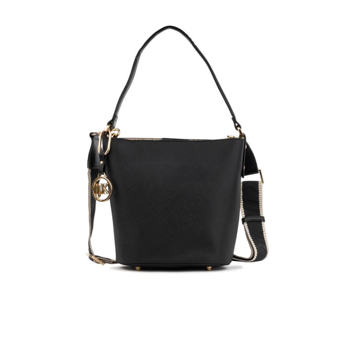 Borsa nera da donna a secchiello con tracolla removibile in tessuto