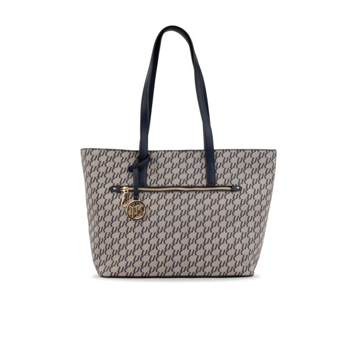 Shopper blu da donna in fantasia multi-logo con zip