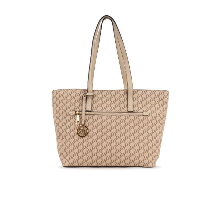 Shopper beige da donna in fantasia multi-logo con zip