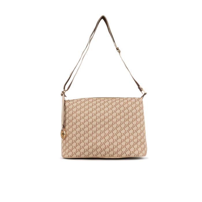 Borsa beige da donna con tracolla in fantasia multi-logo con ciondolo