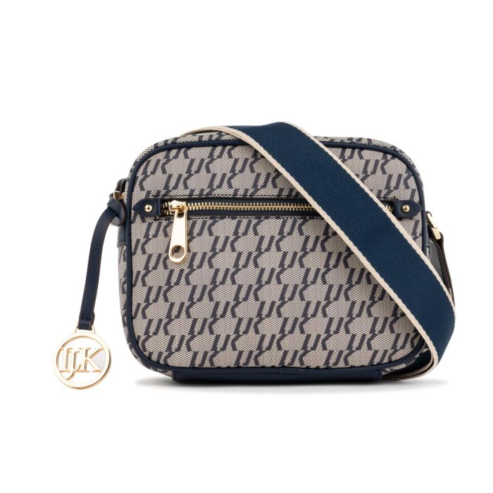 Borsa blu da donna con tracolla in tessuto e ciondolo con logo