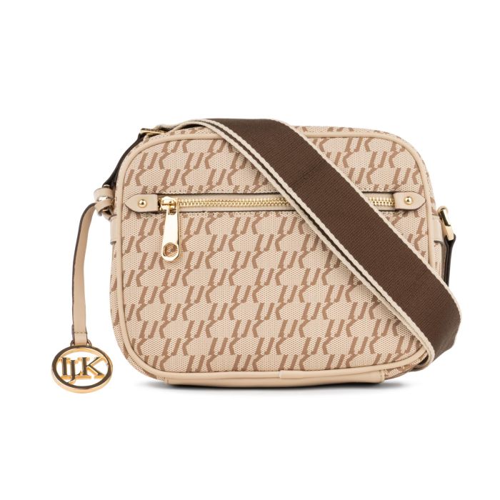 Borsa beige da donna con tracolla in tessuto e ciondolo con logo