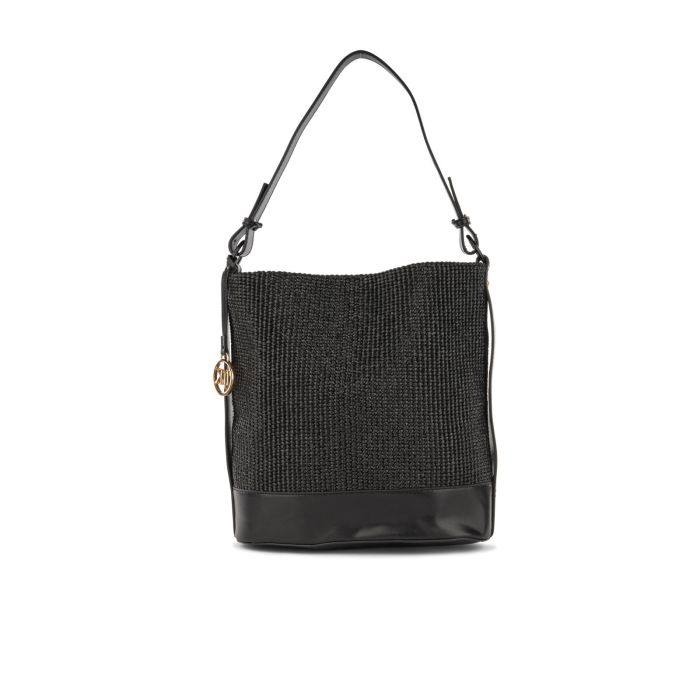 Secchiello nero da donna con ciondolo e inserto effetto intrecciato