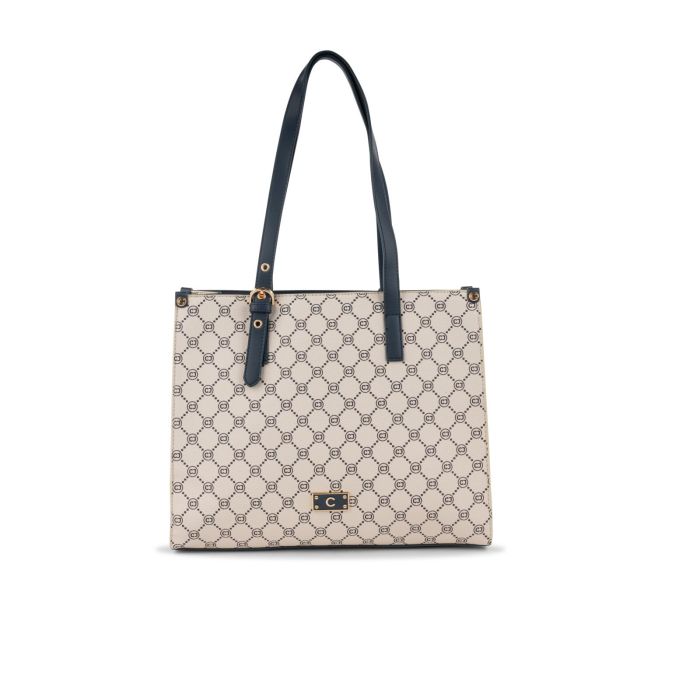 Shopper beige e nera da donna con stampa loghi