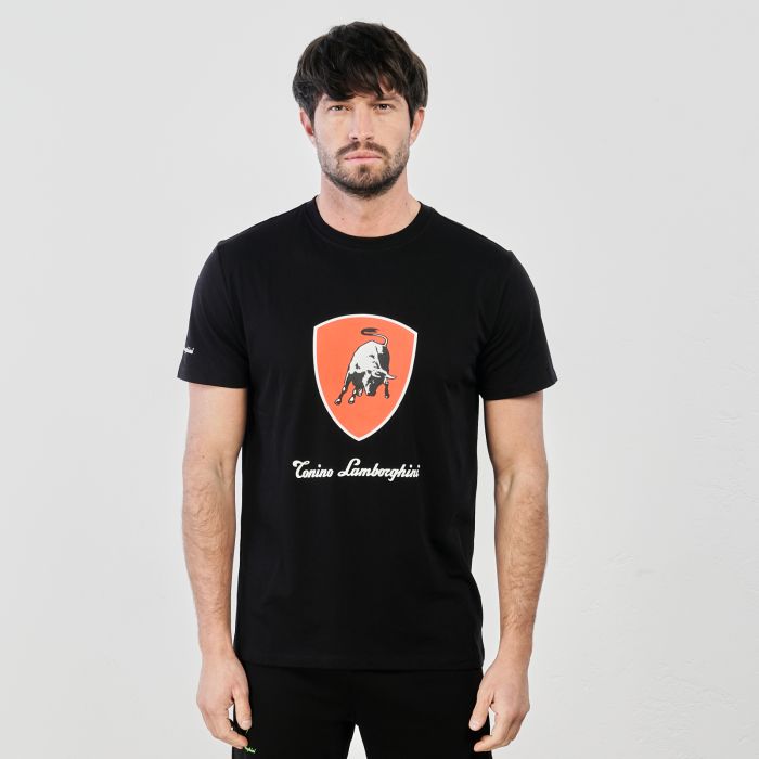 T-shirt nera maniche corte con stemma e logo