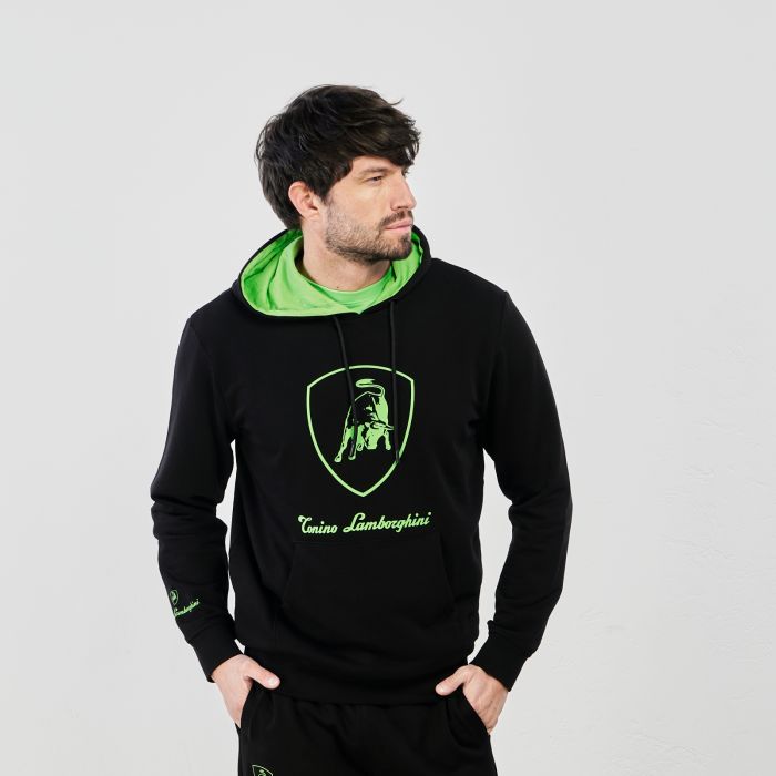 Felpa nera con cappuccio e dettagli fluo